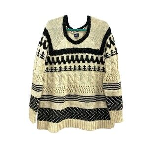AE Wool Blend CableKnit Sweater Fisherman Black White Aztec Boho Oversized XL